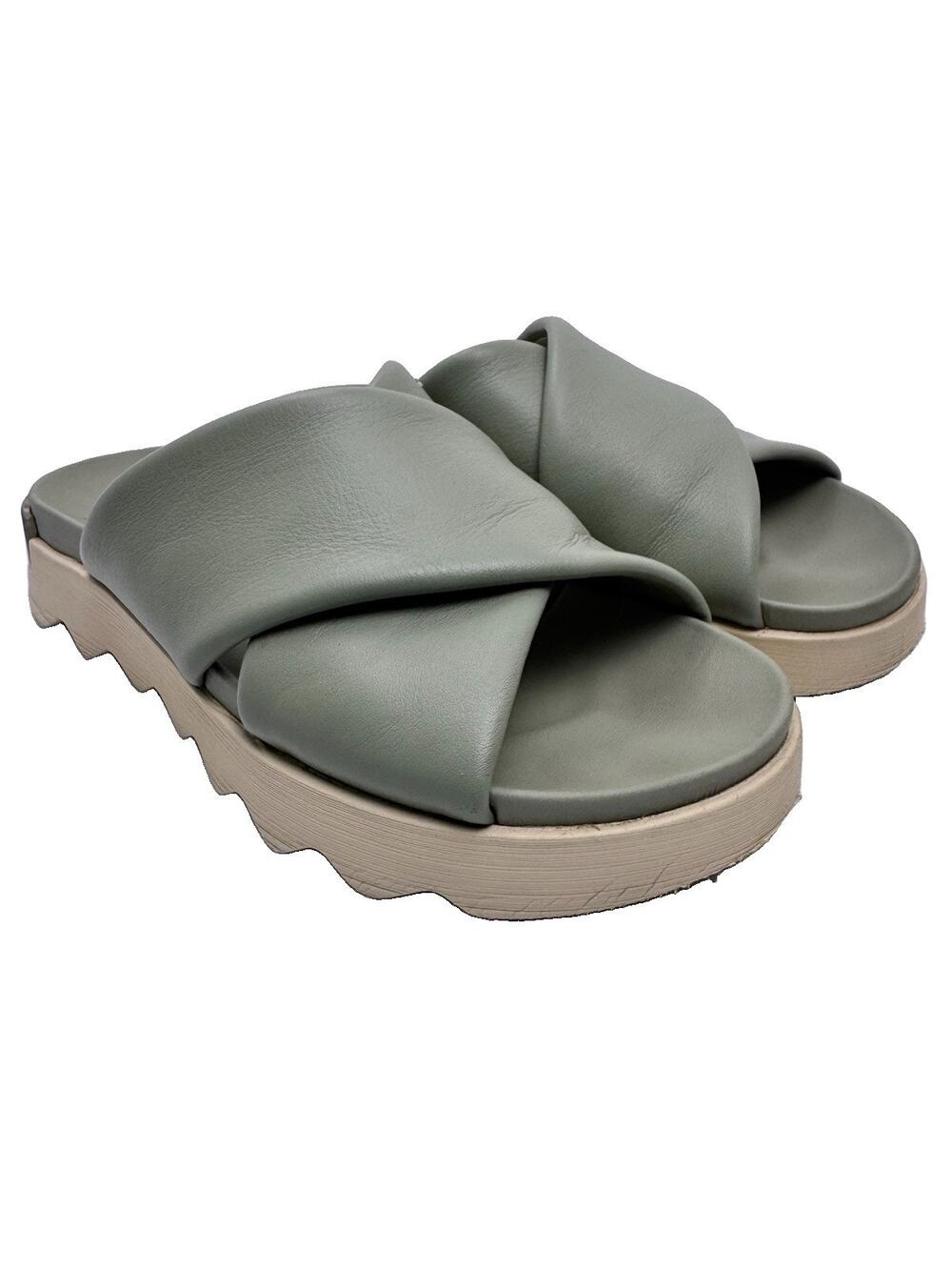 Sorel Viibe Crisscross Slides Women’s 8.5 Safari Green Leather Comfort Sandals